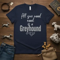 Navy t-shirt with white script text "All you need need is a Greyhound" and small heart graphics