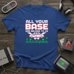 All Your Base Are Belong To Us retro gaming t-shirt featuring pixelated spaceship and text