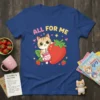 Cute cat holding a strawberry and "Strawberry Magic" drink with "ALL FOR ME" text, on a royal blue t-shirt