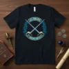 All For One And One For All quote t-shirt with crossed swords and decorative border, navy blue graphic tee
