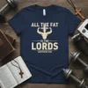 Navy t-shirt with "ALL THE FAT IS THE LORDS LEVITICUS 3:16" text and a muscular figure with a cross symbol