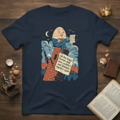 Humpty Dumpty nursery rhyme quote t-shirt: "All the king's horses and men couldn't put Humpty together again" with vintage illustration