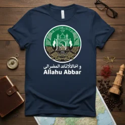 Allahu Akbar text with Islamic calligraphy and mosque emblem on a navy blue t-shirt
