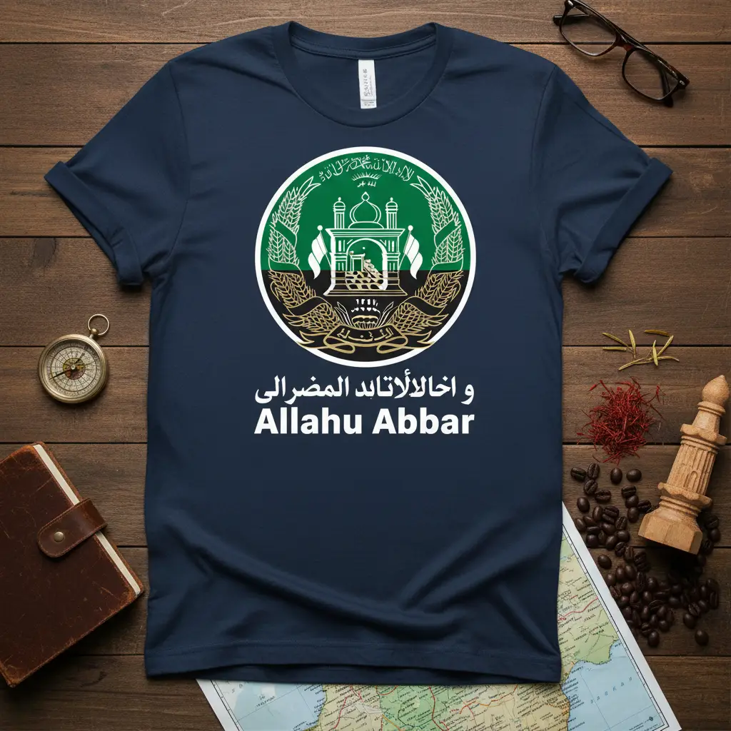Allahu Akbar quote with intricate Islamic calligraphy and mosque emblem on a navy tee