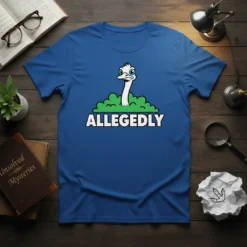 Allegedly t-shirt design featuring a cartoon ostrich peeking from bushes with the word ALLEGEDLY below