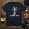 Allez Les Bleus t-shirt with a French rooster and soccer ball emblem, navy blue color