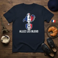 Allez Les Bleus t-shirt with a French rooster and soccer ball emblem, navy blue color