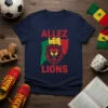 Allez Les Lions T-Shirt featuring a roaring lion graphic with Senegal's national colors in the background