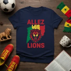 Allez Les Lions T-Shirt featuring a roaring lion graphic with Senegal's national colors in the background
