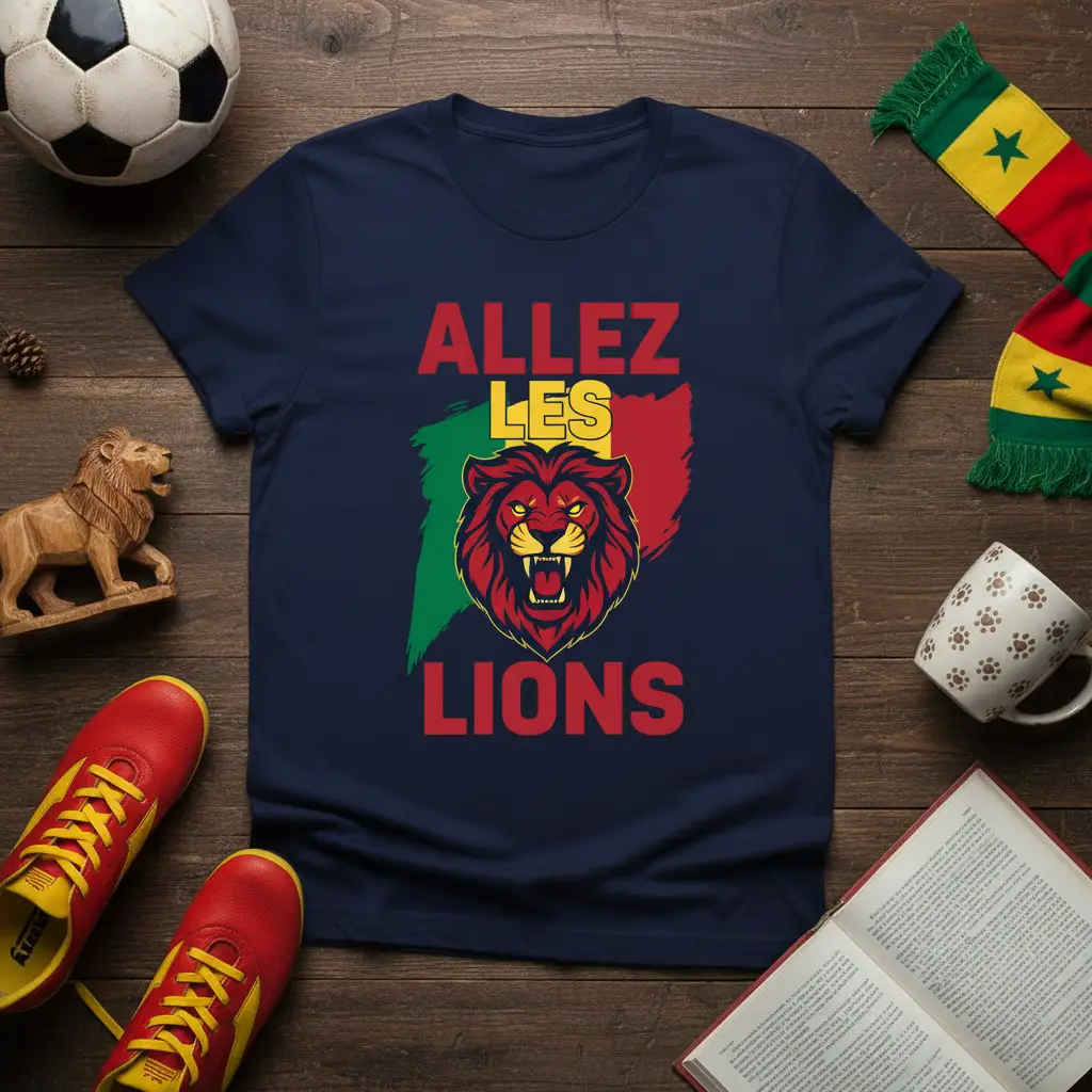 Allez Les Lions graphic t-shirt design with a fierce lion and Senegal's national colors