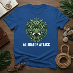 Alligator Attack t-shirt design featuring a fierce green alligator head with sharp teeth and vines, text below reads ALLIGATOR ATTACK