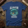 Alligator Jungle Treasures Adventure Awaits t-shirt with a detailed illustration of an alligator in water surrounded by jungle leaves