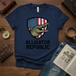Alligator Republic t-shirt design with a green alligator on a shield with the American flag and text below