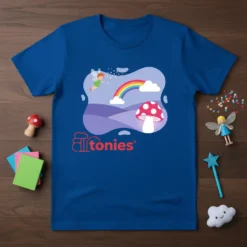 Blue t-shirt with the Alltonies logo, featuring a fairy, rainbow, and glowing mushroom design