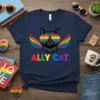 Ally Cat T-Shirt with rainbow wings, sunglasses, and colorful text 'ALLY CAT'