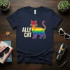 Ally Cat T-Shirt design with a rainbow-colored cat and the text "ALLY CAT" in bold lettering