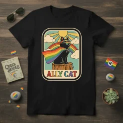 Ally Cat T-Shirt design featuring a black cat with a rainbow cape and sunglasses sitting on a tree stump under