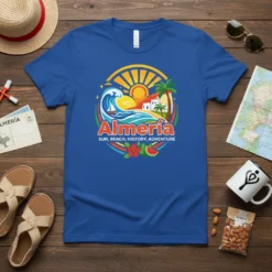 Almería Sun Beach History Adventure t-shirt featuring a coastal graphic with waves, sun, and buildings