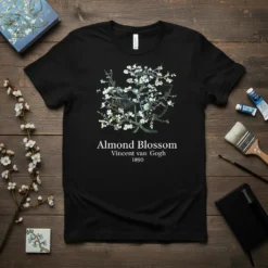 Almond Blossom Vincent van Gogh 1890 text on a black t-shirt with a detailed blooming branch graphic above