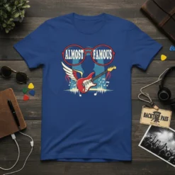 Almost Famous t-shirt design with red glasses, red electric guitar with wings, musical notes, and silhouette figures