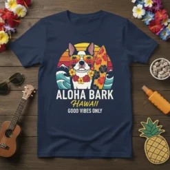 Aloha Bark Hawaii Good Vibes Only text with a Boston Terrier wearing sunglasses and a lei, holding a surfboard, with