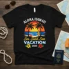 Aloha Hawaii Sea, Sand, Sun Vacation 2026 t-shirt design featuring palm trees, sunset, ocean, and hibiscus flowers