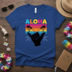 ALOHA text with a sunset, palm trees, and ocean waves graphic, featuring a shaka hand symbol