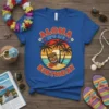 Aloha It's My Birthday t-shirt with a retro tiki mask, palm trees, and a sunset graphic