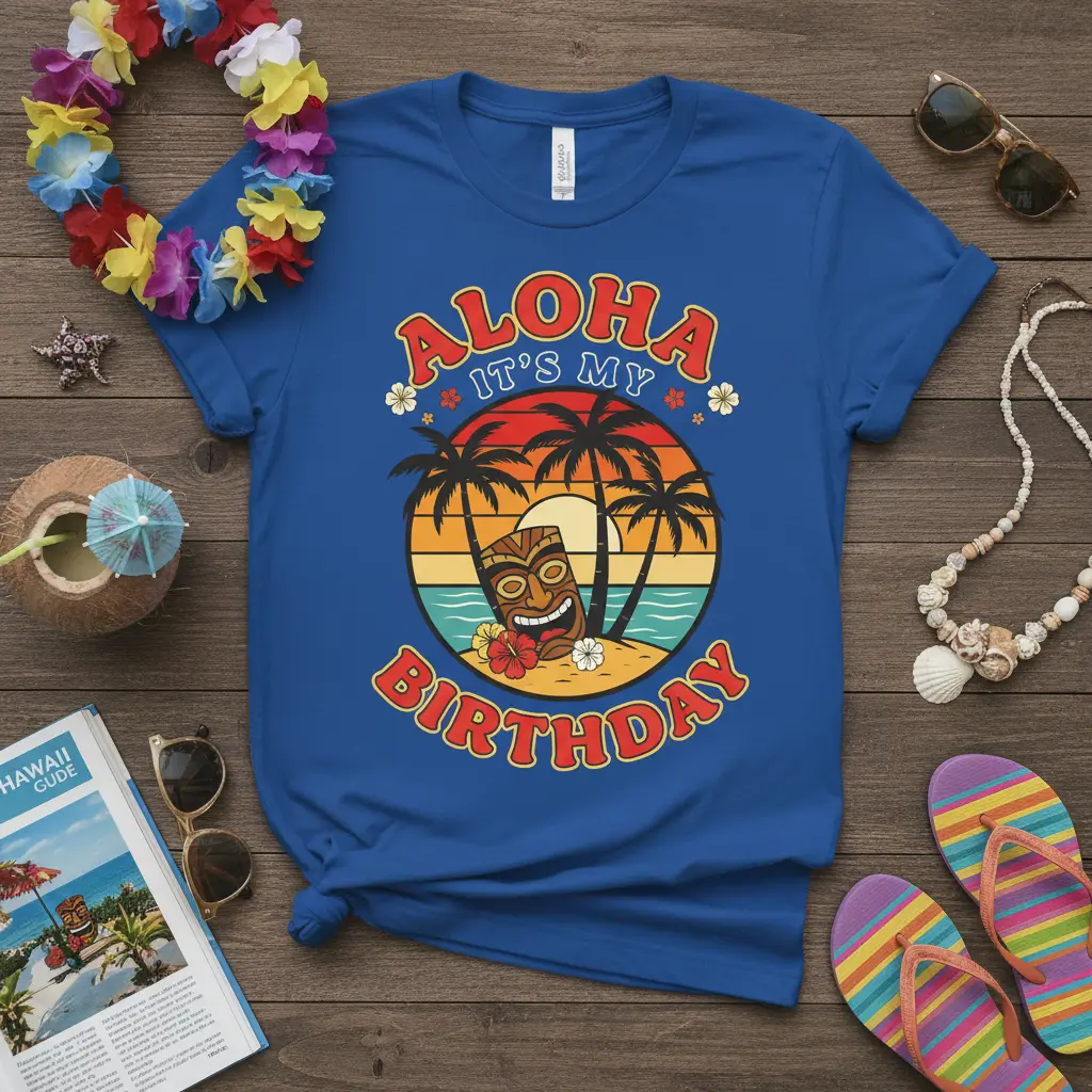 Retro Aloha It's My Birthday t-shirt design with tiki mask and palm trees