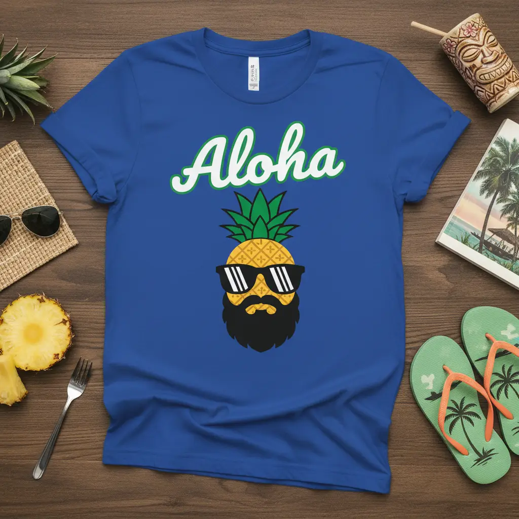 Aloha Pineapple Shirt featuring a cool pineapple graphic with sunglasses and beard, text says Aloha