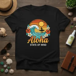 Aloha State of Mind t-shirt design with a surfer on a wave, hibiscus flowers, and retro sunset graphic