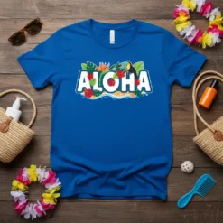 Blue t-shirt with white text "Aloha" surrounded by tropical flowers, leaves, and a toucan graphic