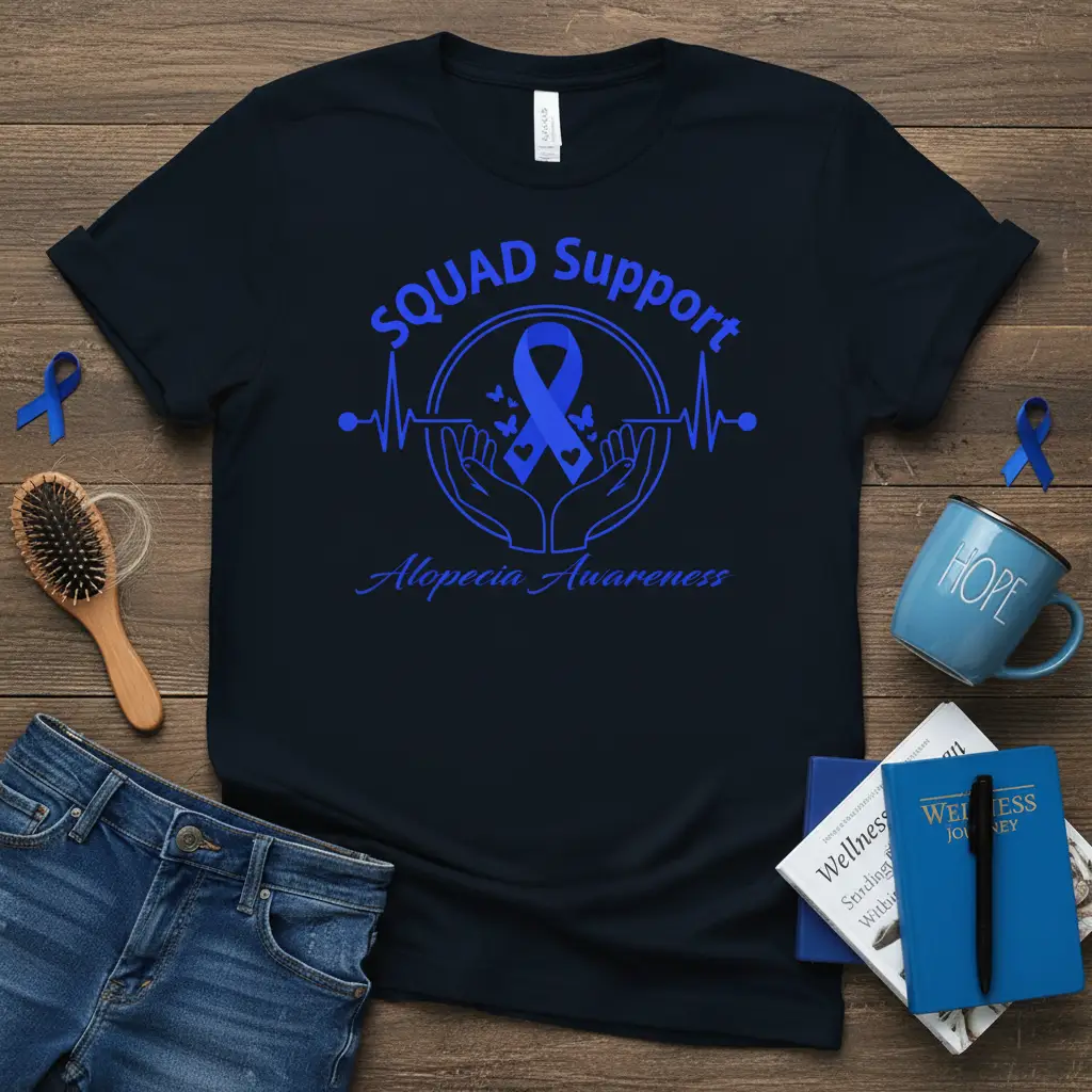 Alopecia Awareness Support Squad t-shirt with blue ribbon, heartbeat, and supportive hands graphic