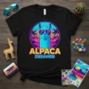 Alpaca Dreamer retro sunset graphic tee featuring a cool alpaca wearing sunglasses with palm trees and mountains