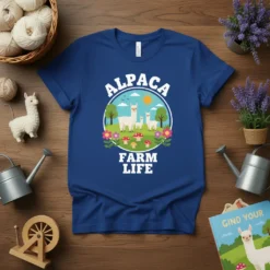 Alpaca Farm Life text with a circular graphic of alpacas, trees, flowers, and mushrooms on a blue t-shirt