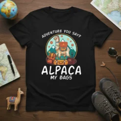 Black t-shirt with "Alpaca My Bags" text and a cartoon alpaca sitting on luggage, with mountains in the background