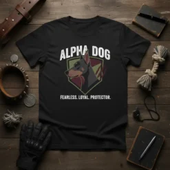 Alpha Dog Fearless Loyal Protector Doberman T-Shirt featuring a profile of a Doberman inside a shield