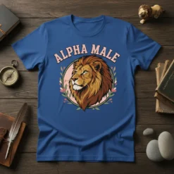 Alpha Male text above a lion's head graphic, surrounded by floral wreath, on a blue t-shirt