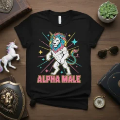 Alpha Male text with a muscular lion wearing a unicorn horn and colorful mane on a black t-shirt