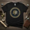 Black t-shirt featuring the Alpha Omega Christian symbol with a ship's wheel and compass design, in gold and blue