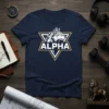 Navy blue t-shirt with bold white "ALPHA" text and a stylized wolf head graphic inside a geometric emblem