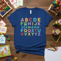 Colorful alphabet letters ABCDEFGHIJK elemeno PQRSTU VVXYYZ on a royal blue t-shirt, designed for education and learning