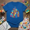 Colorful dripping alphabet ABCDEFGHIJKLM NOPQRSTUVWXYZ design on a royal blue t-shirt, educational graphic