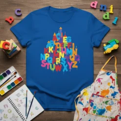 Colorful dripping alphabet ABCDEFGHIJKLM NOPQRSTUVWXYZ design on a royal blue t-shirt, educational graphic