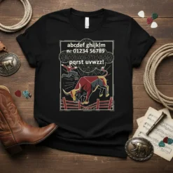 Black t-shirt featuring the alphabet and numbers with a bull and rider graphic, text reads "abcdef ghijklm n: 01234 56789