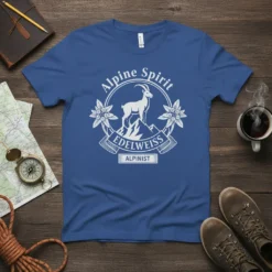 Alpine Spirit Edelweiss Alpinist design on a blue t-shirt, featuring a mountain goat, edelweiss flowers, and mountain peaks