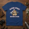 Alpine Spirit Nature's Peak t-shirt design featuring a marmot with flowers in front of mountains