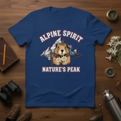 Alpine Spirit Nature's Peak t-shirt design featuring a marmot with flowers in front of mountains
