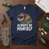 Always Be Yourself t-shirt with a colorful, sunglasses-wearing chameleon graphic and bold white text