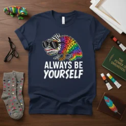 Always Be Yourself t-shirt with a colorful, sunglasses-wearing chameleon graphic and bold white text